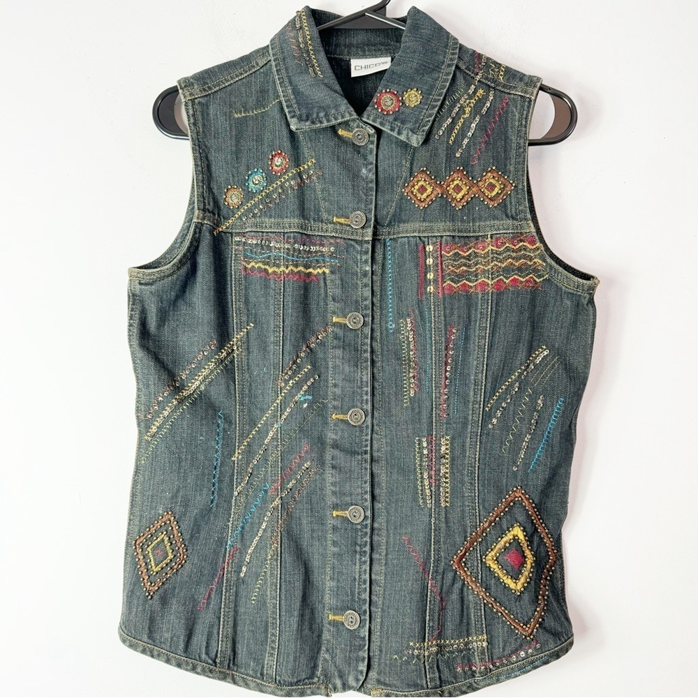 Chico’s Denim Vest Size 0 Embroidered Embellished Button Up Dark Blue